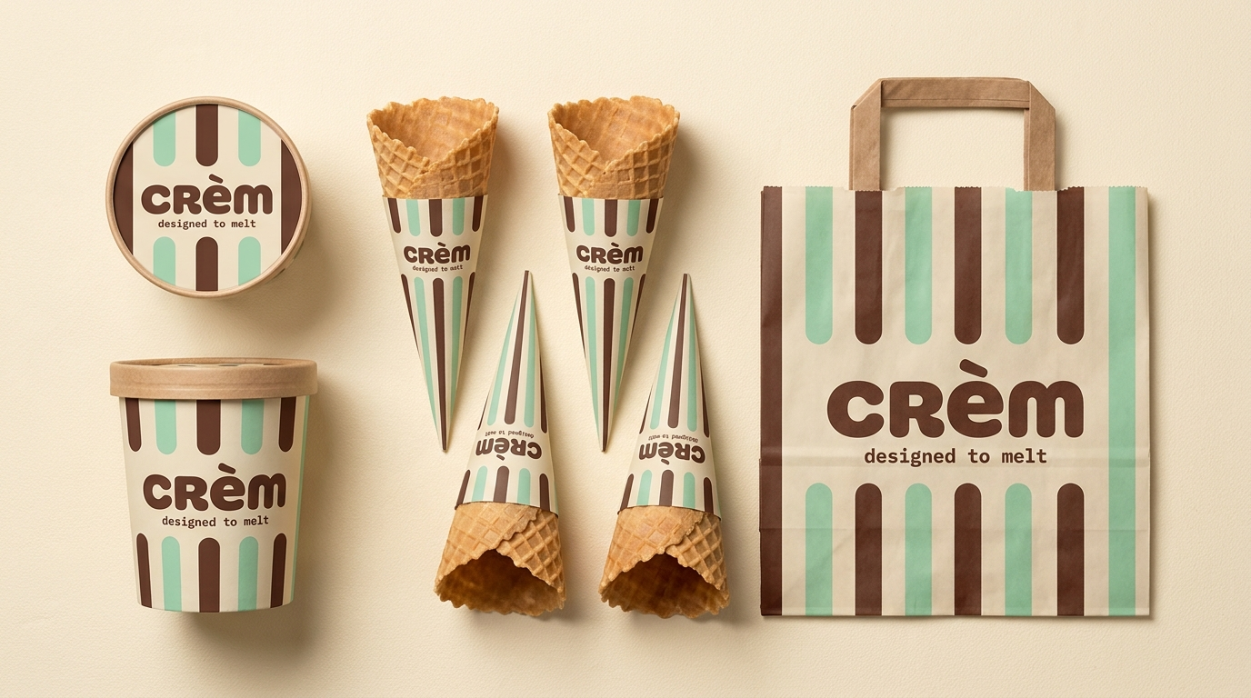 Packaging coordinato CRÈm — coni, vaschette e shopper